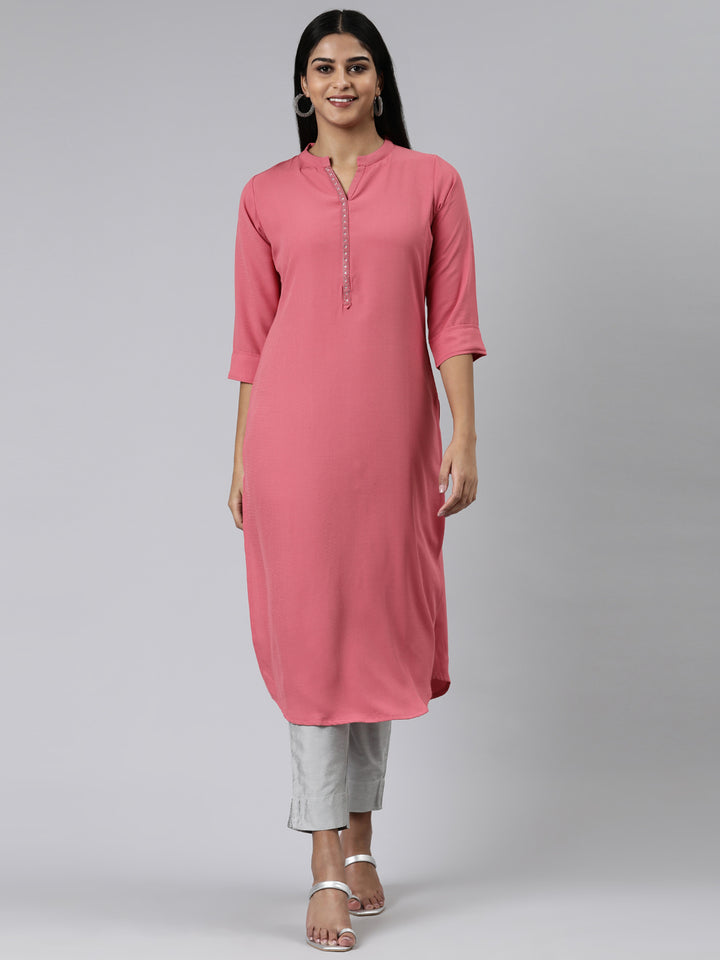 Neerus Pink Straight Solid Viscose Rayon Kurtas