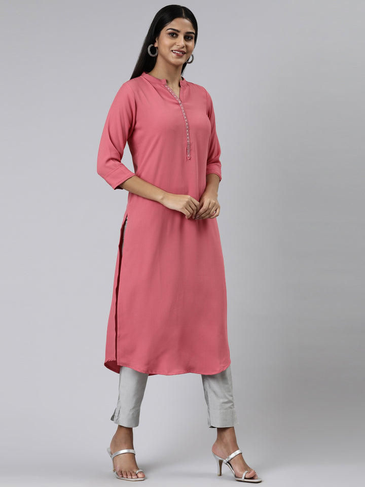 Neerus Pink Straight Solid Viscose Rayon Kurtas