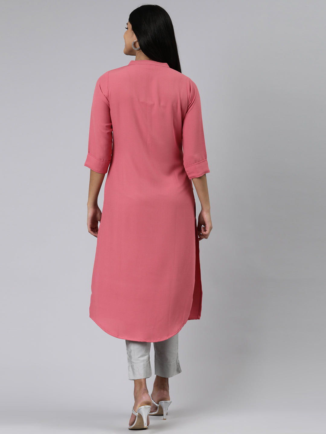 Neerus Pink Straight Solid Viscose Rayon Kurtas