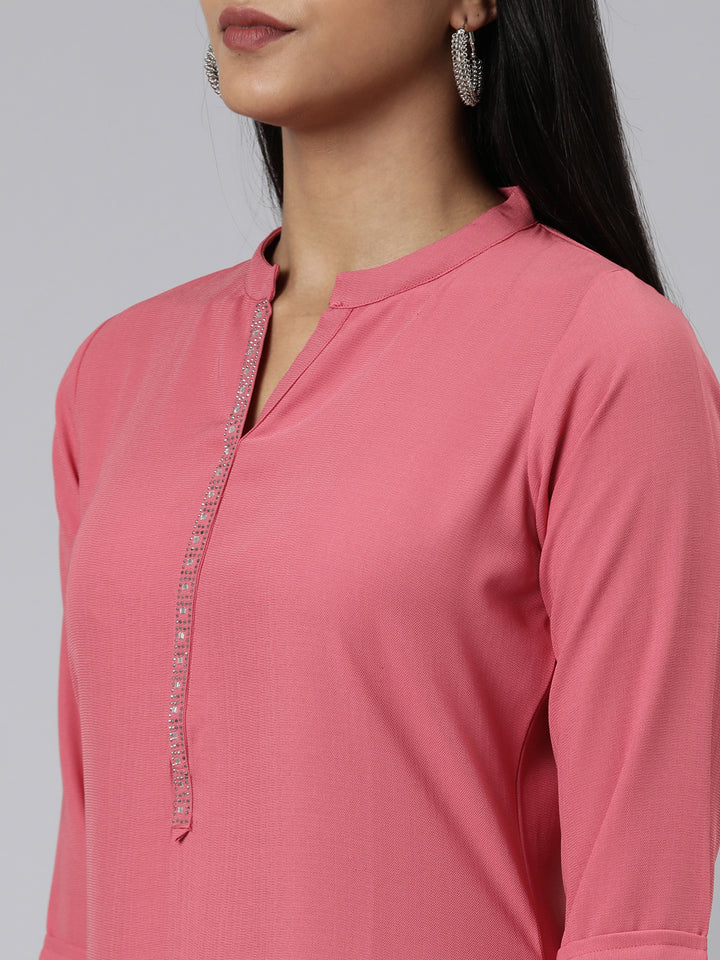 Neerus Pink Straight Solid Viscose Rayon Kurtas