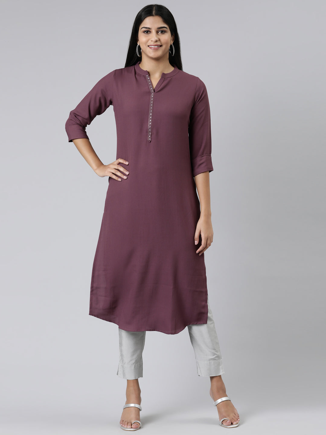 Neerus Maroon Straight Solid Viscose Rayon Kurta