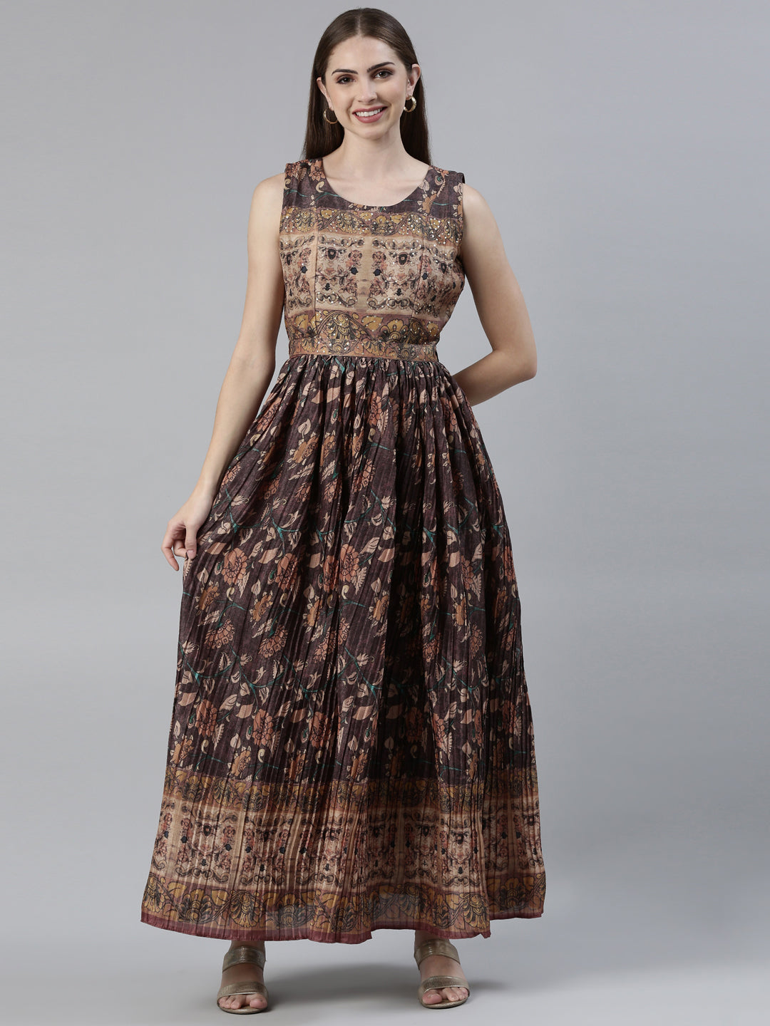 Neerus Brown Ethnic Printed Raw Silk Maxi Dress for Festive Casual Women –  Neerus India