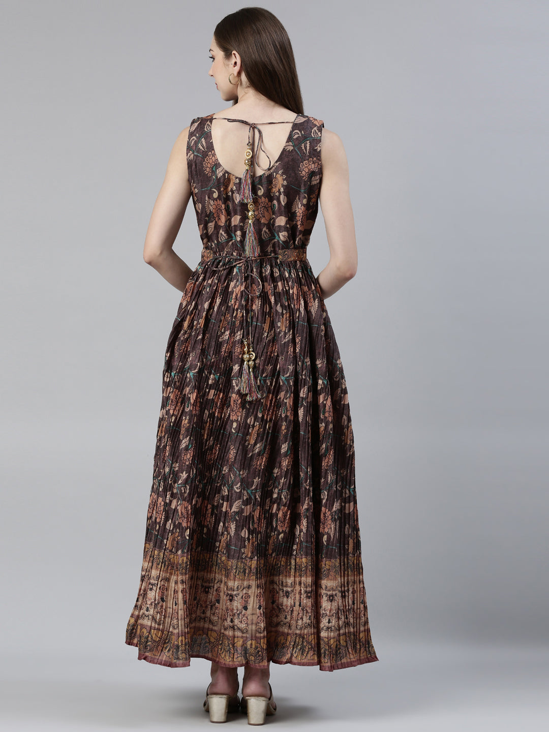 Neerus Brown Straight Casual Printed Maxi Dresses