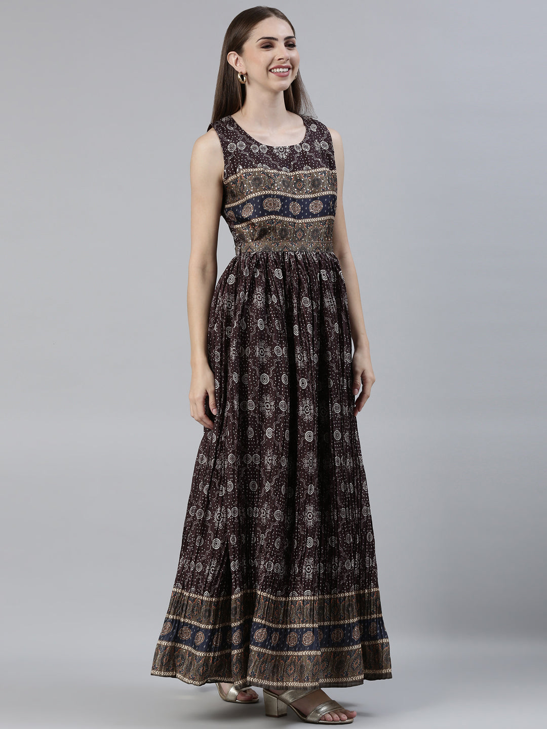 Neerus Brown Straight Casual Printed Maxi Dresses