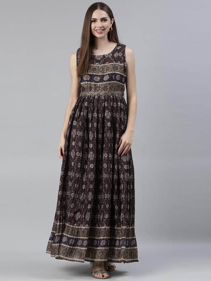 Neerus Brown raw silk printed maxi dress - front view