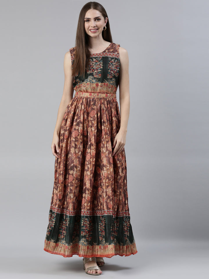 Neerus Rust Straight Casual Printed Maxi Dresses