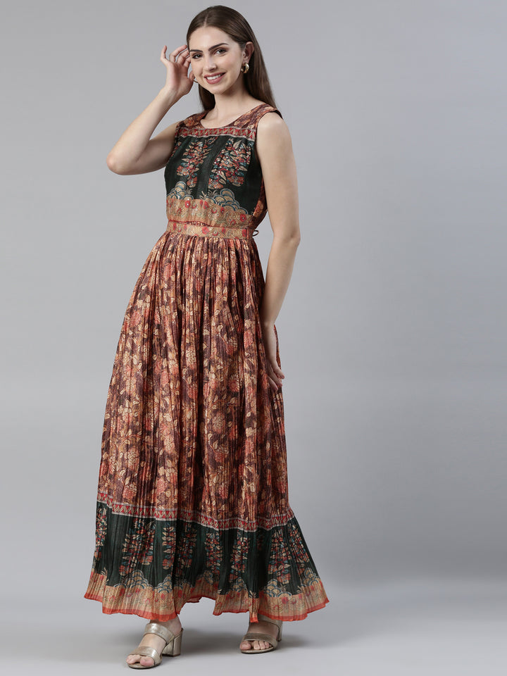 Neerus Rust Straight Casual Printed Maxi Dresses