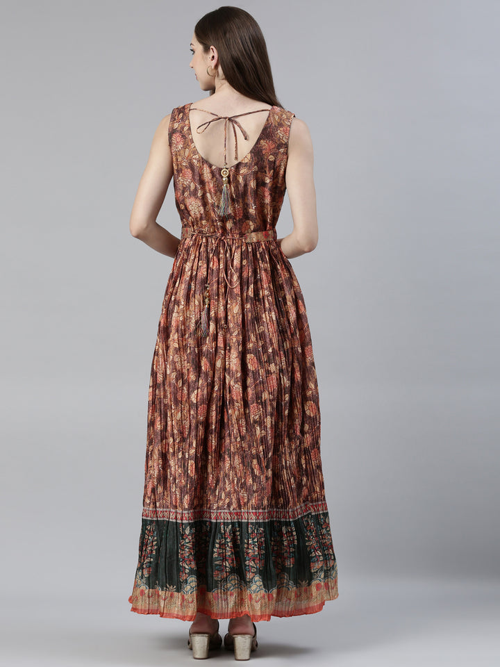 Neerus Rust Straight Casual Printed Maxi Dresses