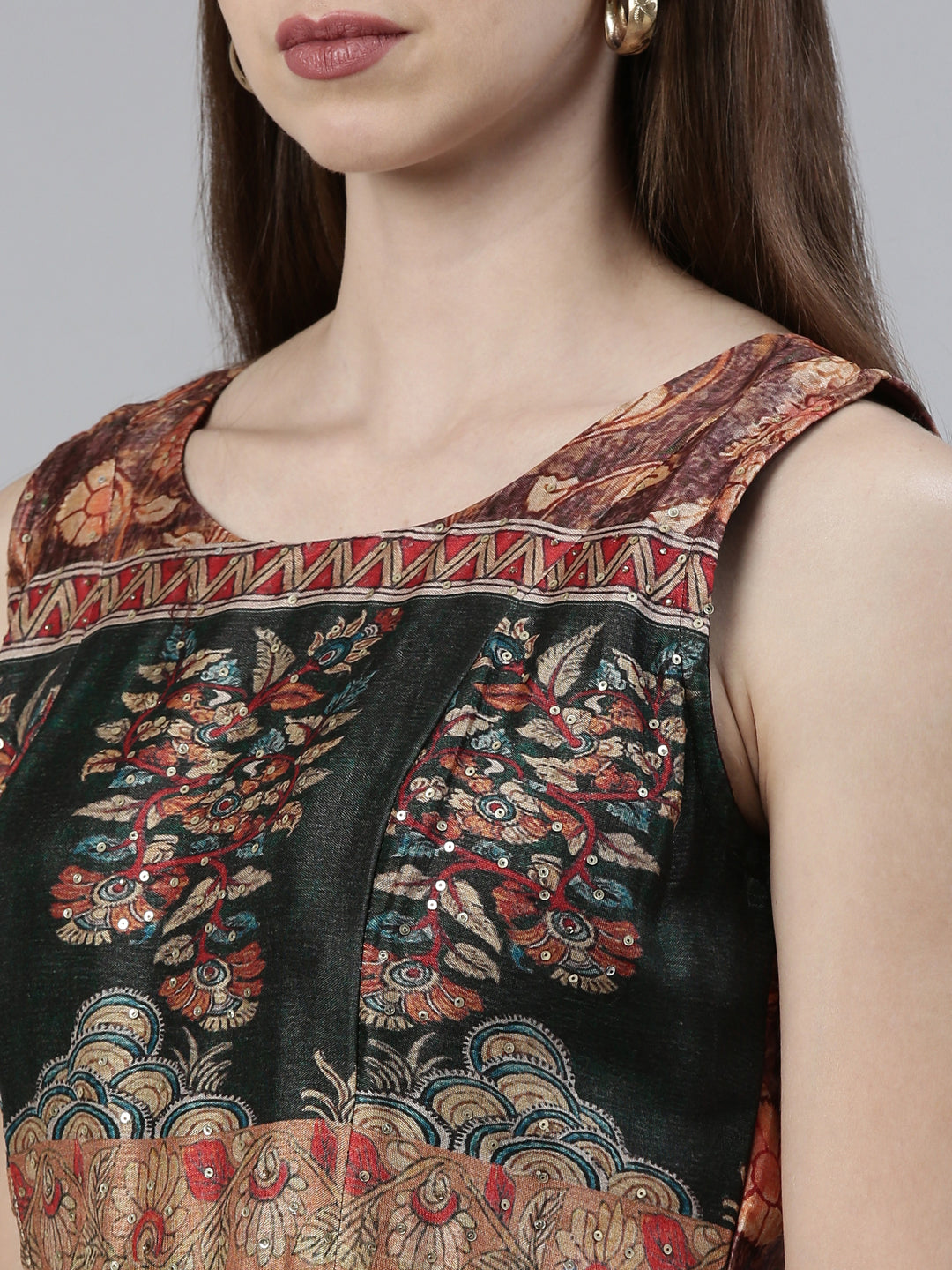 Neerus Rust Straight Casual Printed Maxi Dresses