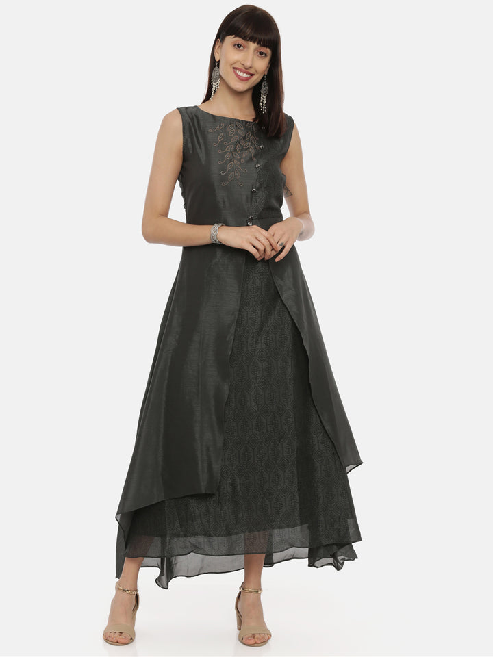 Neerus Grey embellished flared kurti - front view