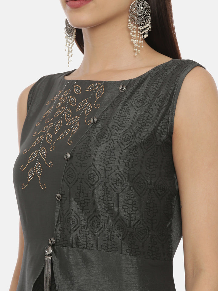 Neerus Grey embellished flared kurti - back view
