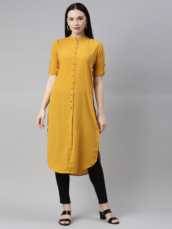 Neerus Yellow rayon solid kurta - front view