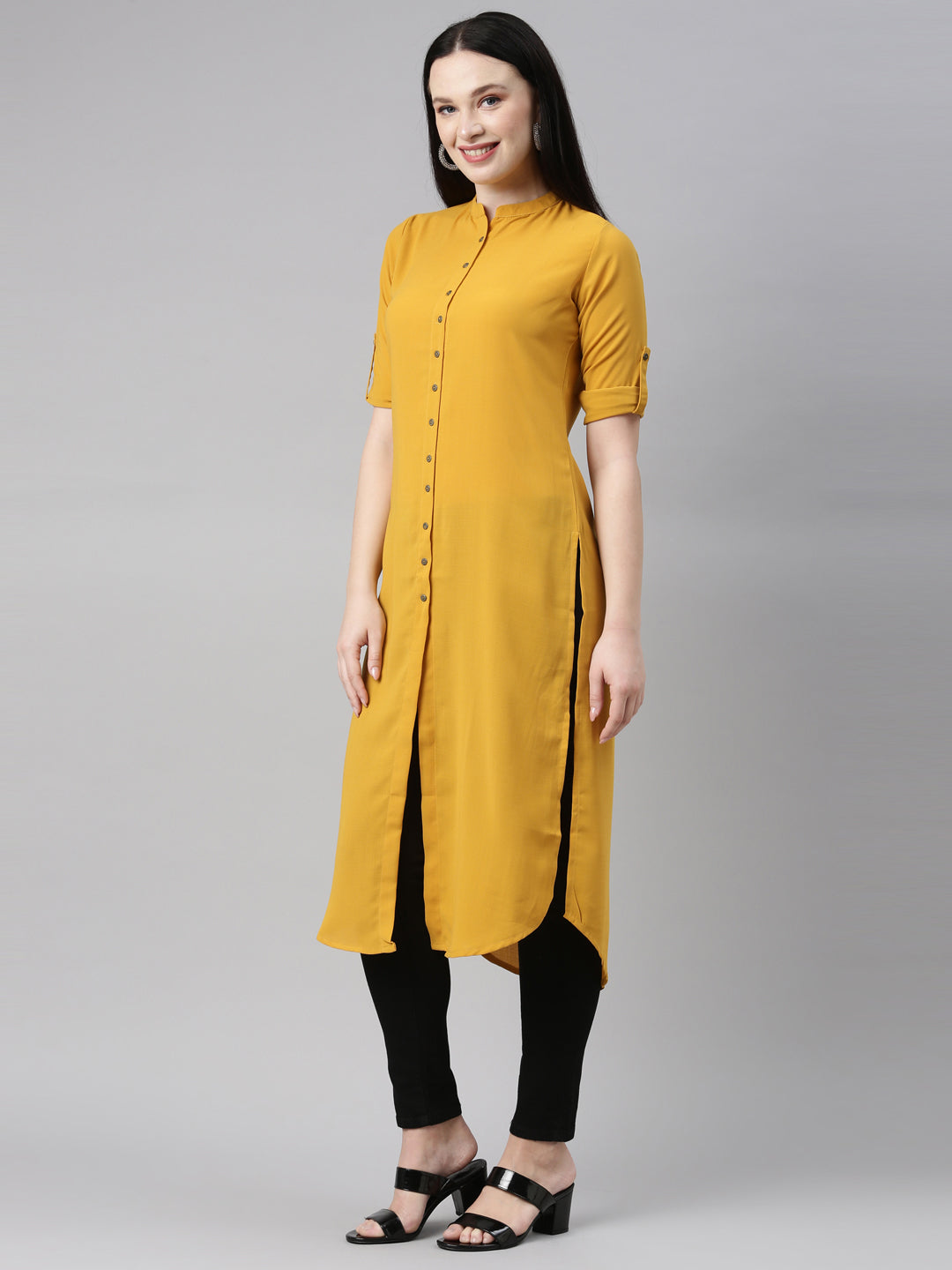 Neerus Yellow rayon solid kurta - side view