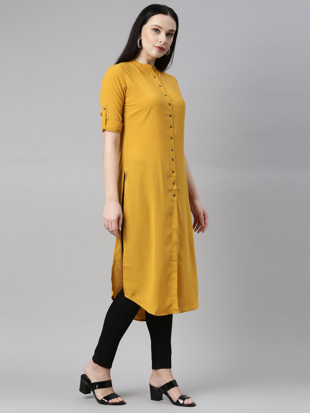 Neerus Yellow rayon solid kurta - detail view 1