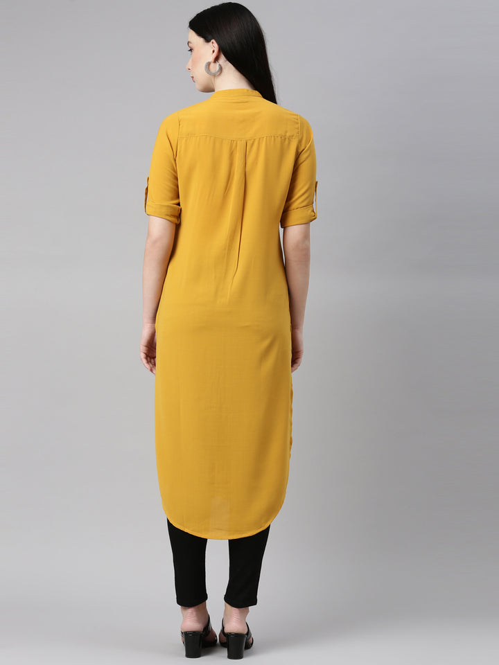 Neerus Yellow rayon solid kurta - detail view 2