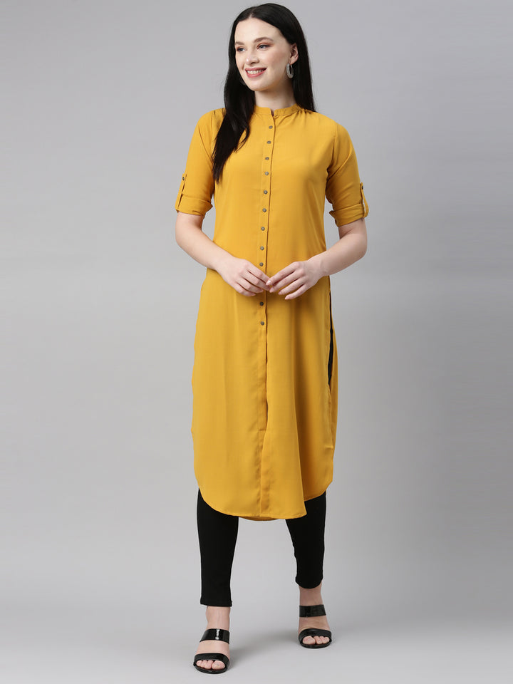 Neerus Yellow rayon solid kurta - detail view 3