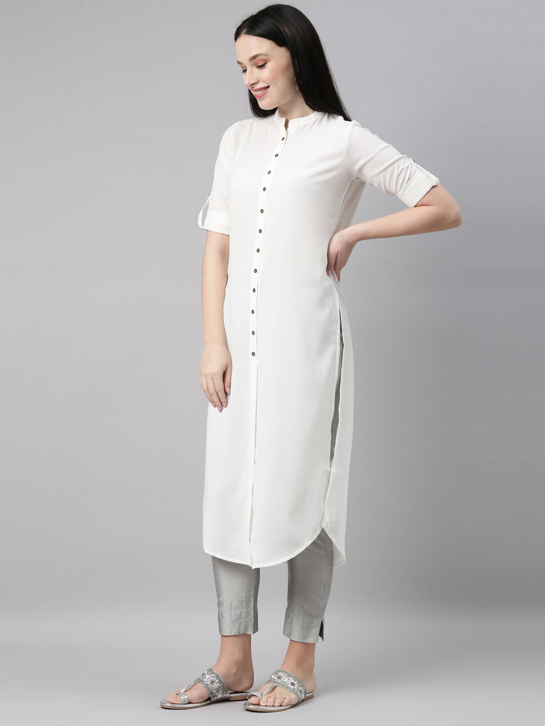 Neeru's Off White Color Slub Rayon Fabric Kurta