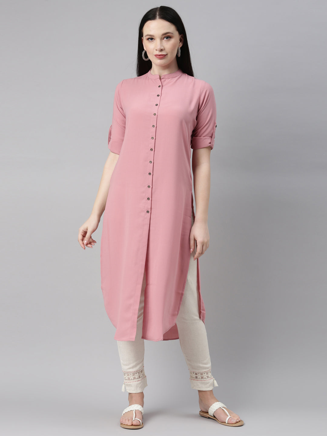 Neerus Onion Color Slub Rayon Fabric Kurta