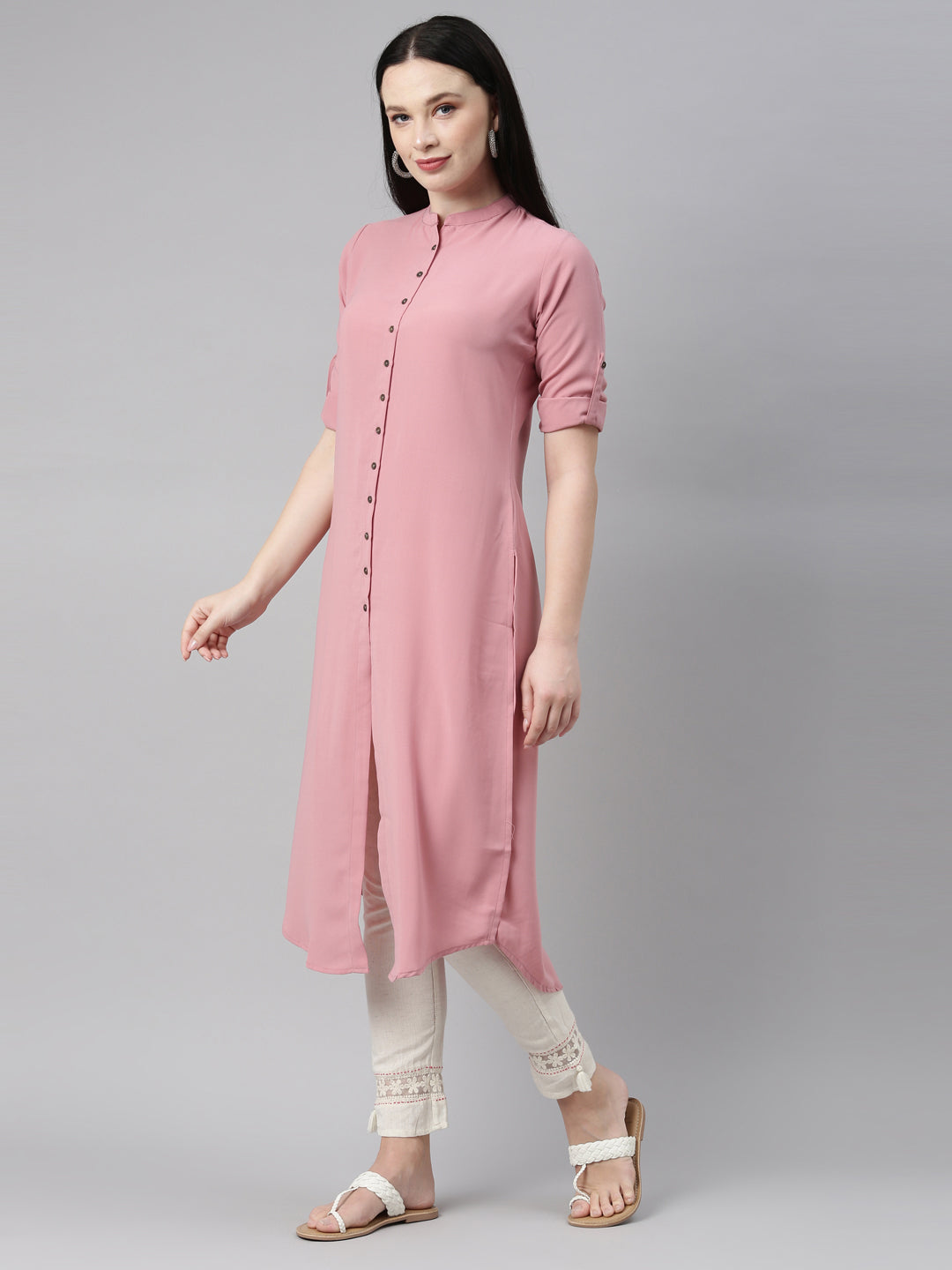 Neerus Onion Color Slub Rayon Fabric Kurta