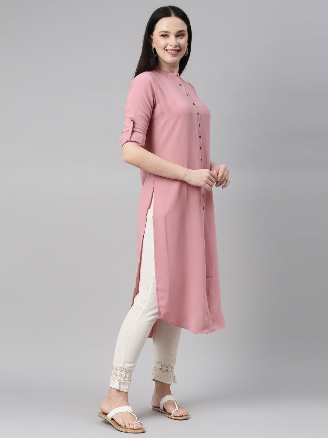 Neerus Onion Color Slub Rayon Fabric Kurta