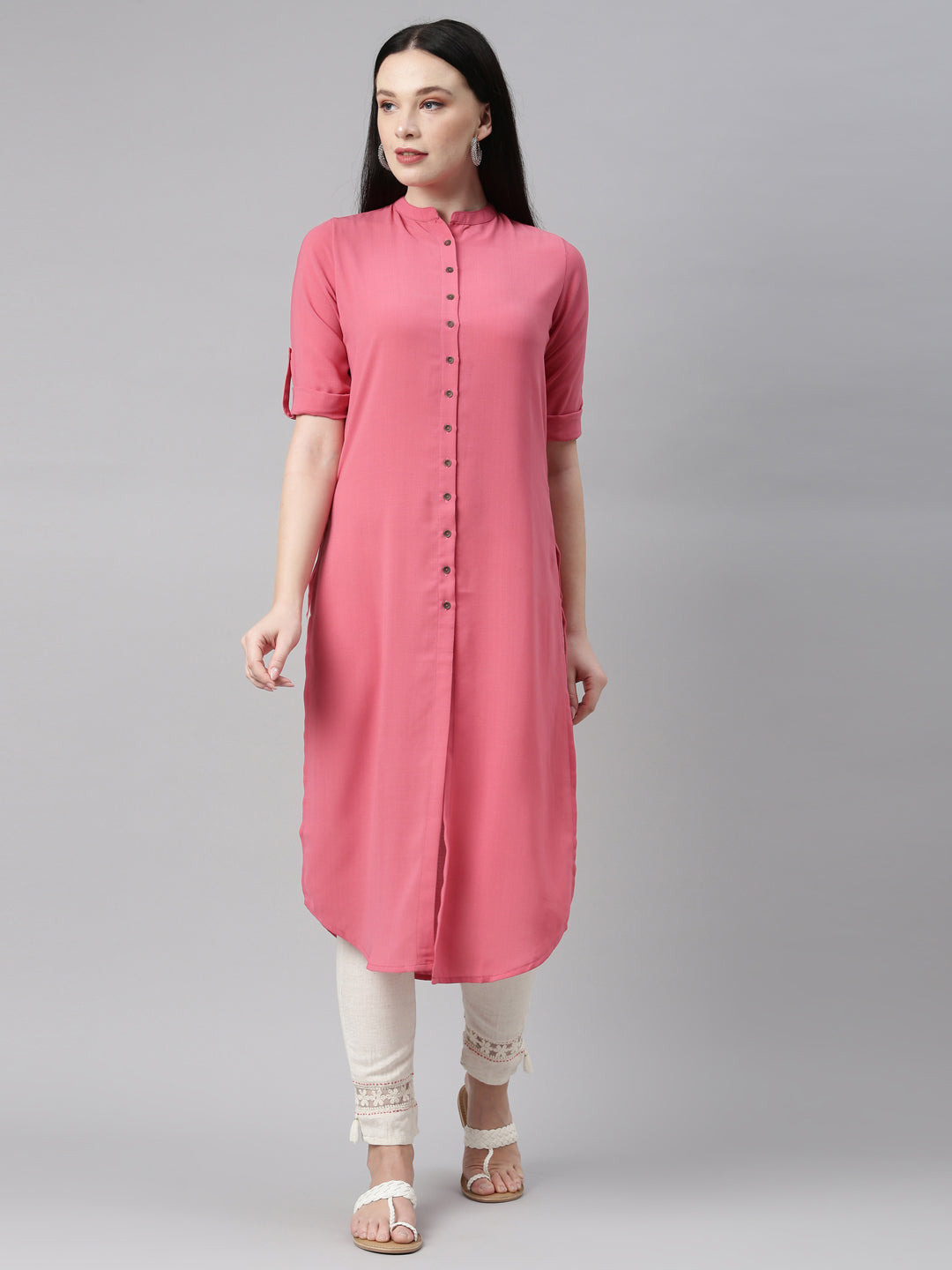 Neerus Orange rayon solid kurta - front view