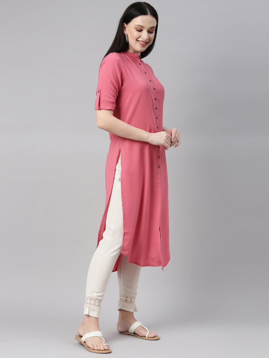Neerus Orange rayon solid kurta - detail view 1