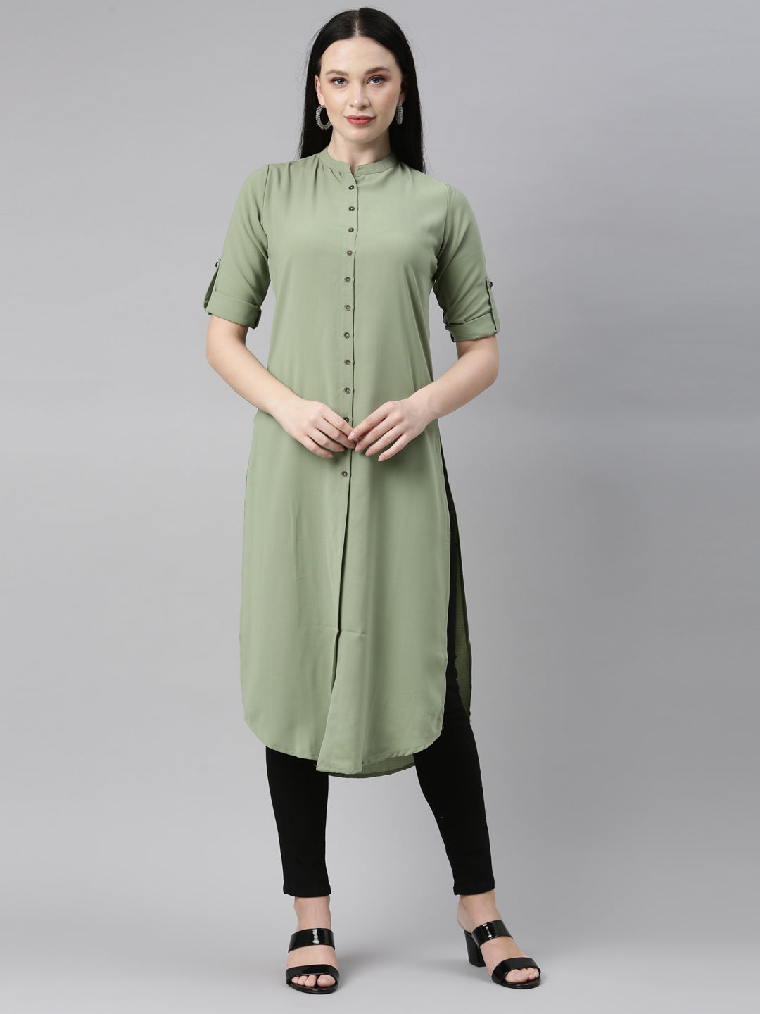 Neerus Green viscose rayon solid kurti - front view