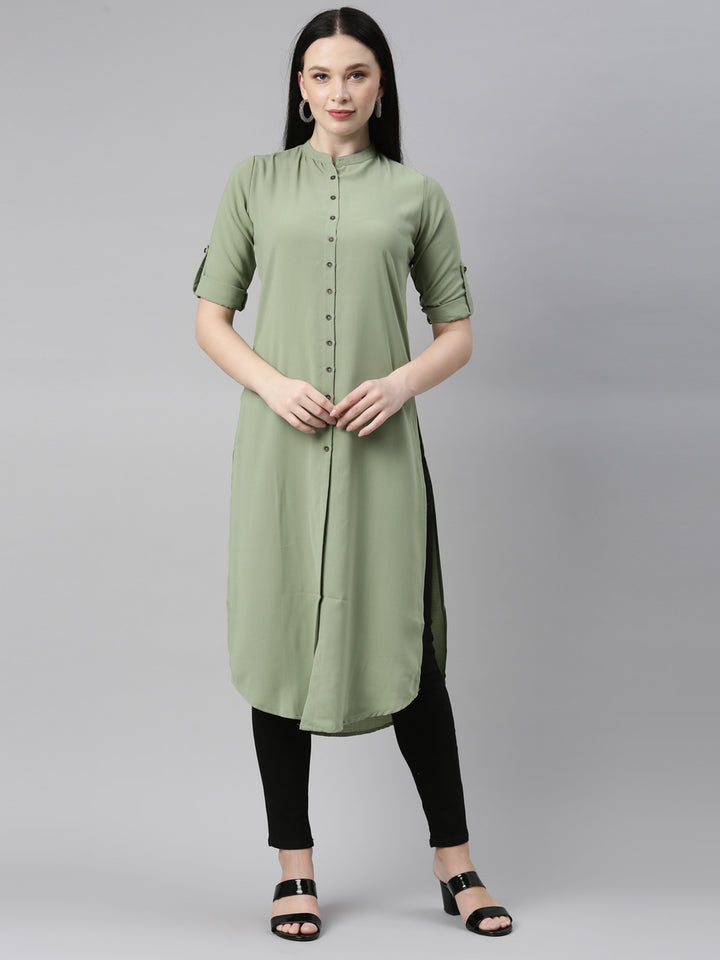 Neerus Green viscose rayon solid kurti - front view
