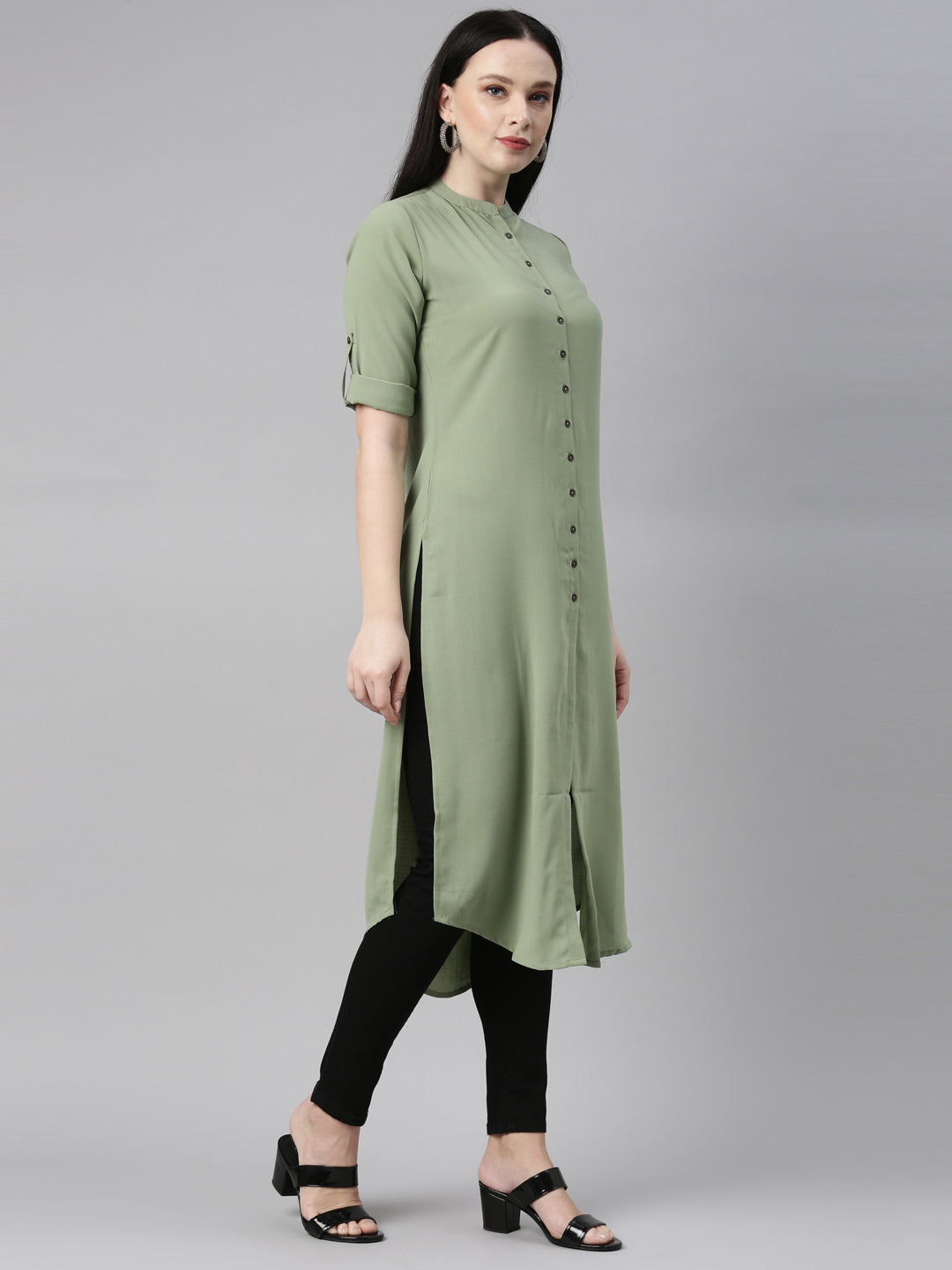 Neerus Green viscose rayon solid kurti - side view