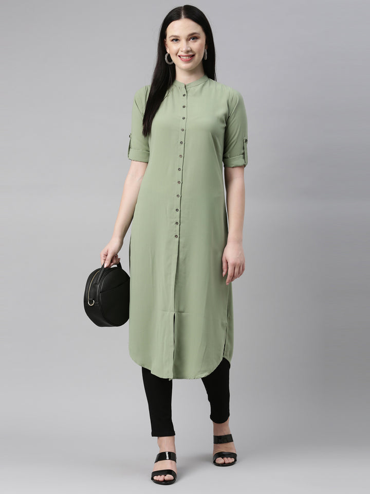 Neerus Green viscose rayon solid kurti - detail view 2