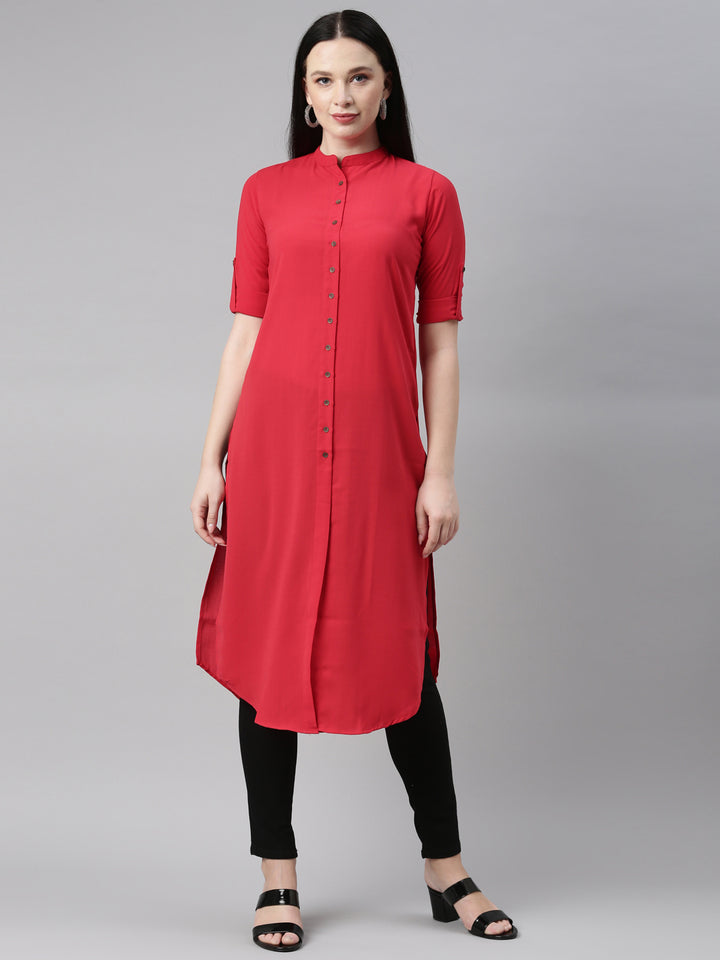 Neerus Red Color Slub Rayon Fabric Kurta