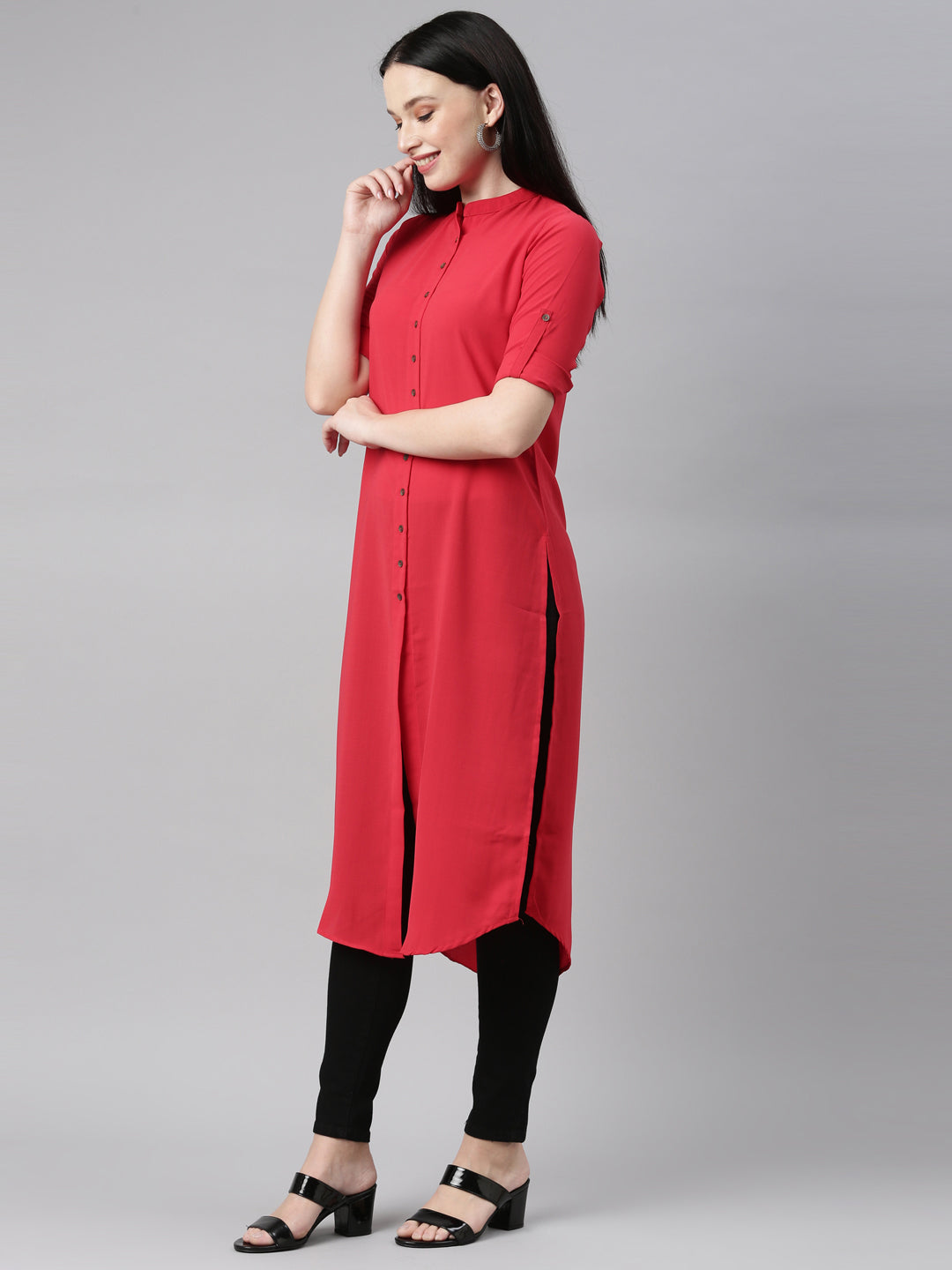 Neerus Red Color Slub Rayon Fabric Kurta