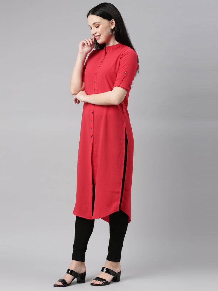 Neerus Red Color Slub Rayon Fabric Kurta