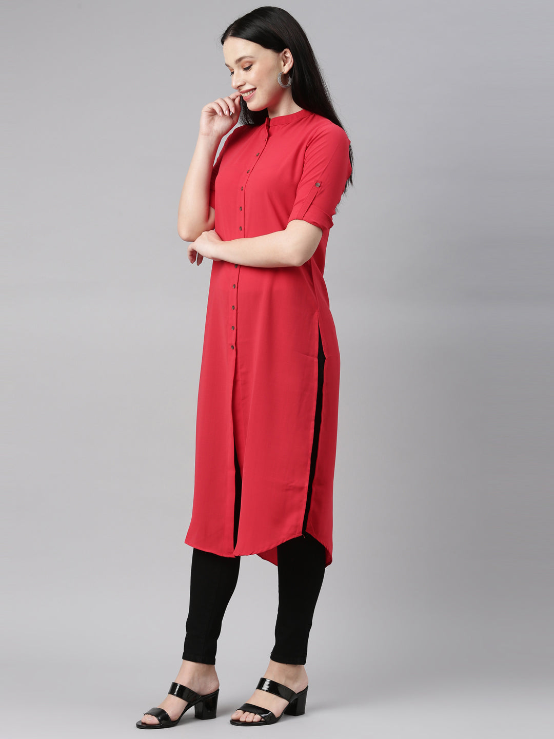 Neeru's Red Color Slub Rayon Fabric Kurta