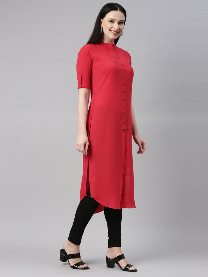 Neerus Red Color Slub Rayon Fabric Kurta