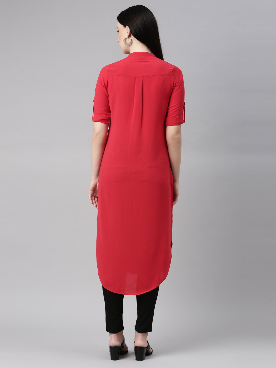 Neerus Red Color Slub Rayon Fabric Kurta