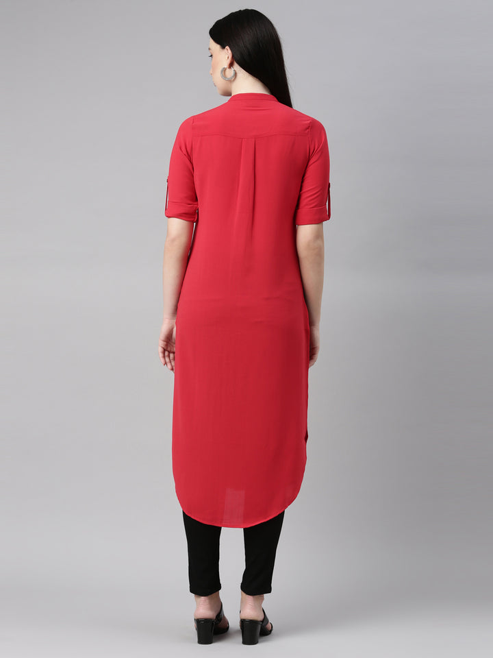 Neerus Red Color Slub Rayon Fabric Kurta