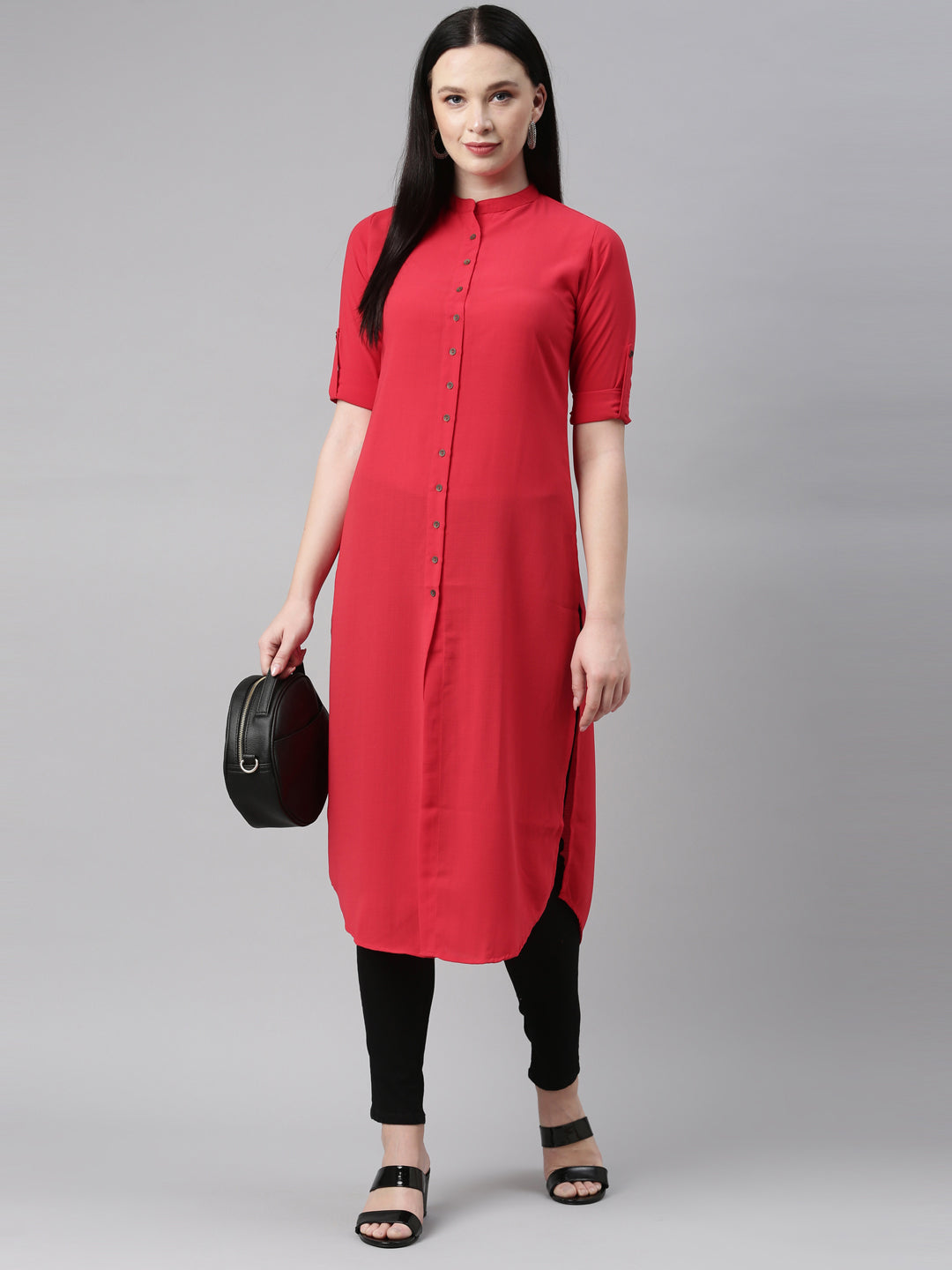 Neerus Red Color Slub Rayon Fabric Kurta