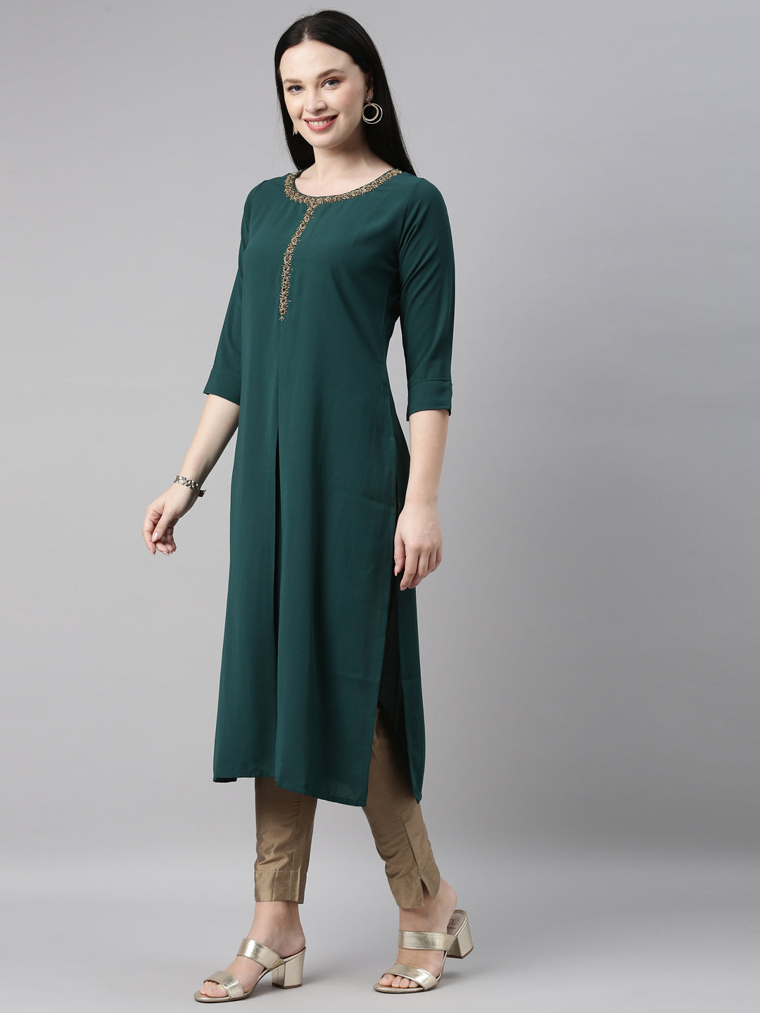 Neeru'S b green color, slub riyon fabric kurta