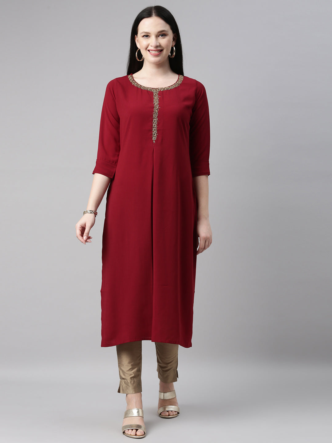 Neerus Maroon viscose rayon straight kurti - front view