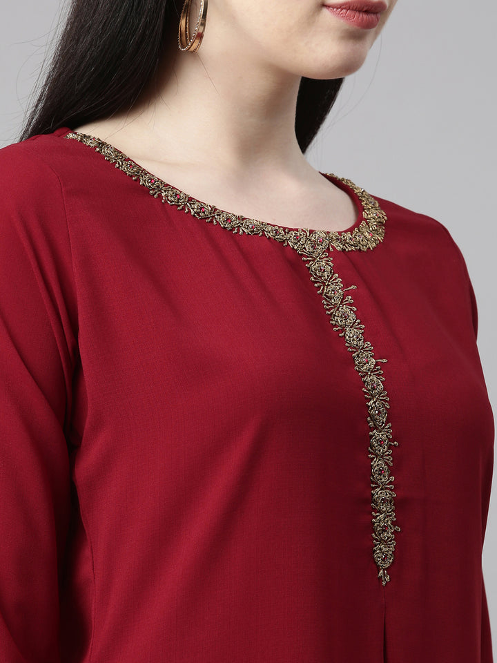 Neerus Maroon viscose rayon straight kurti - detail view 5