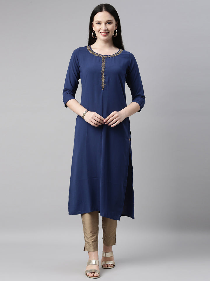 Neerus Royal Blue Color Slub Riyon Fabric Kurta