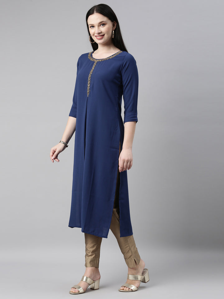 Neerus Royal Blue Color Slub Riyon Fabric Kurta
