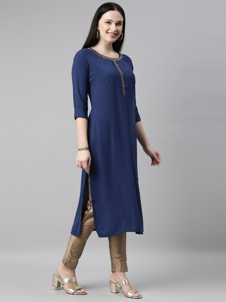 Neerus Royal Blue Color Slub Riyon Fabric Kurta