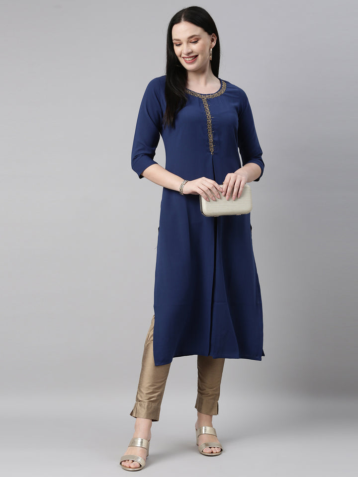 Neerus Royal Blue Color Slub Riyon Fabric Kurta