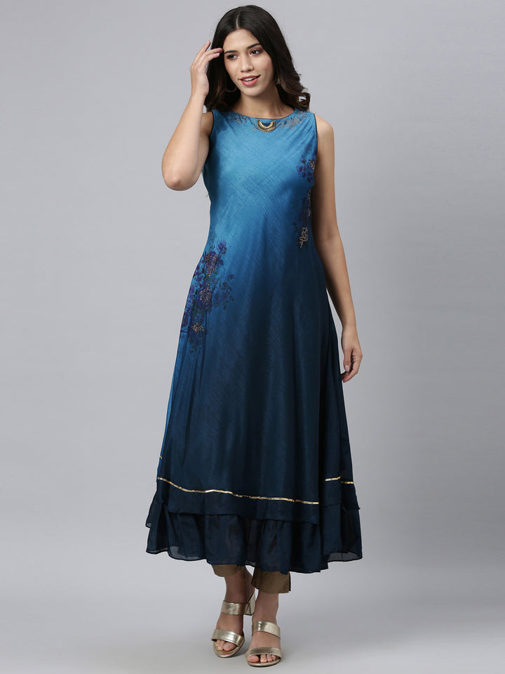 Neerus Blue silk embellished anarkali kurta - detail view 4