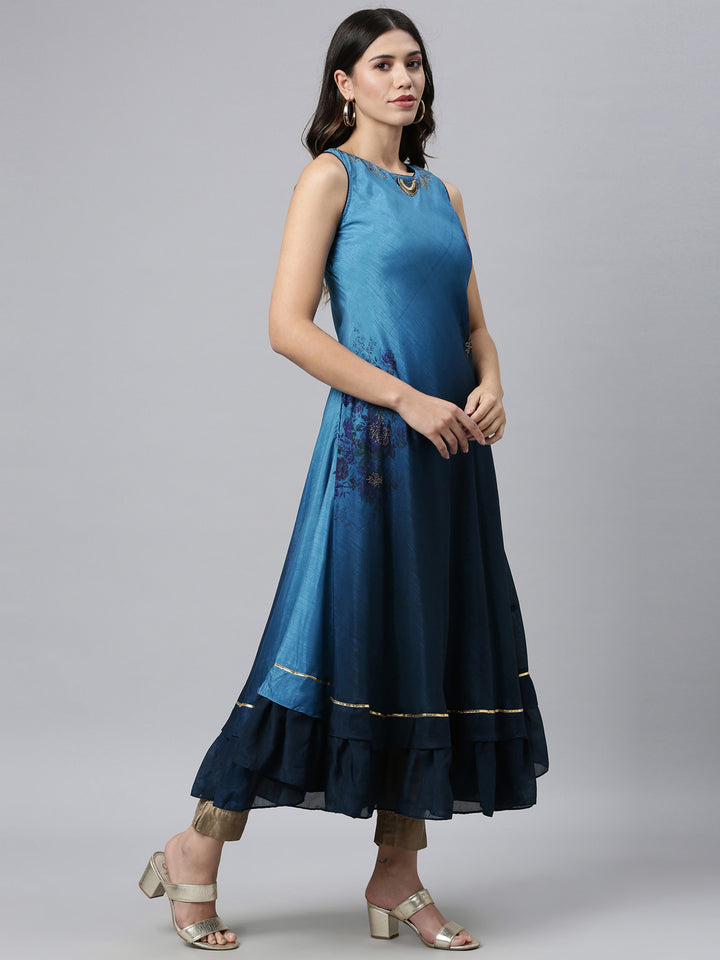 Neerus Blue silk embellished anarkali kurta - front view
