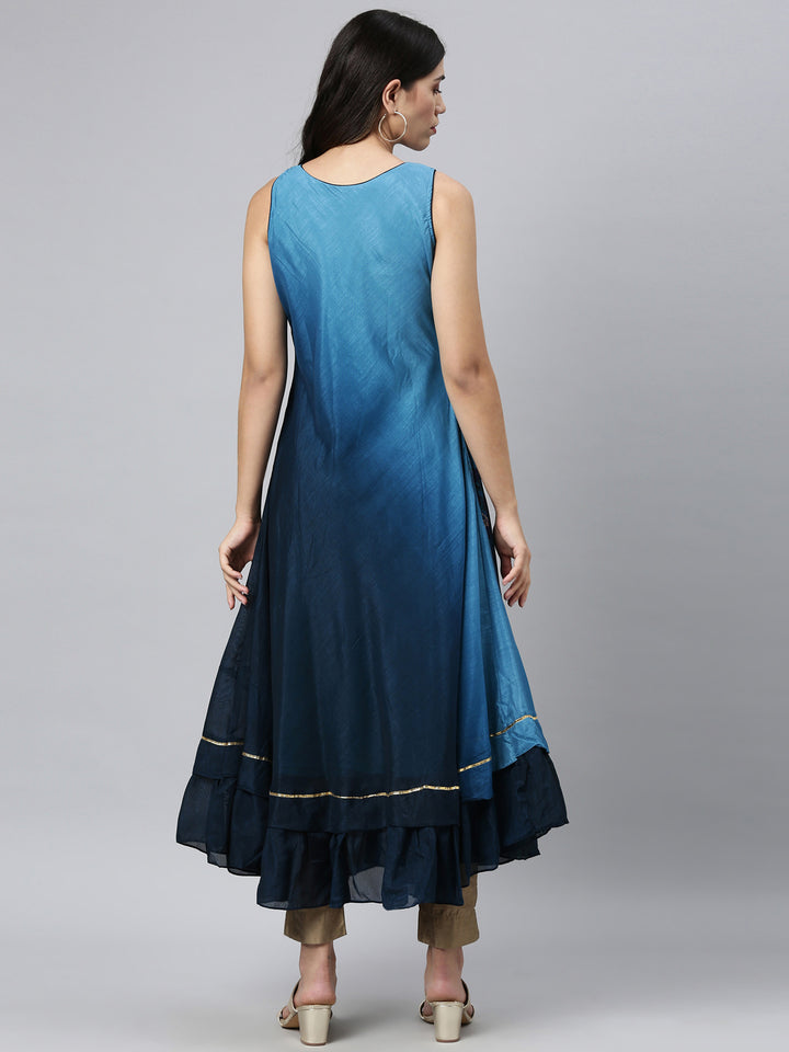 Neerus Blue silk embellished anarkali kurta - back view
