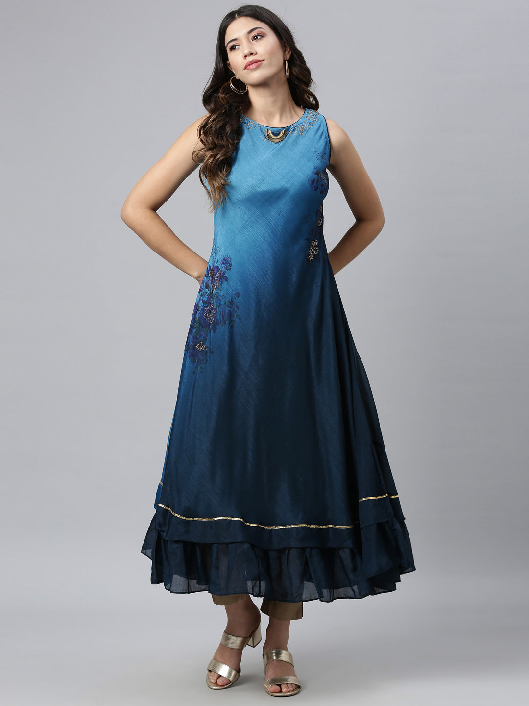 Neerus Blue silk embellished anarkali kurta - detail view 1
