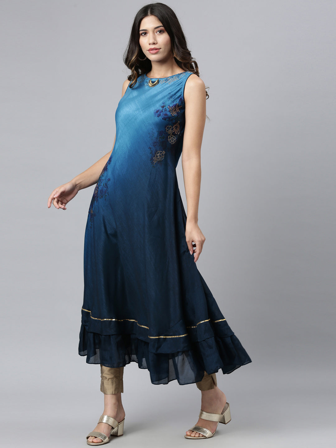 Neerus Blue silk embellished anarkali kurta - detail view 2